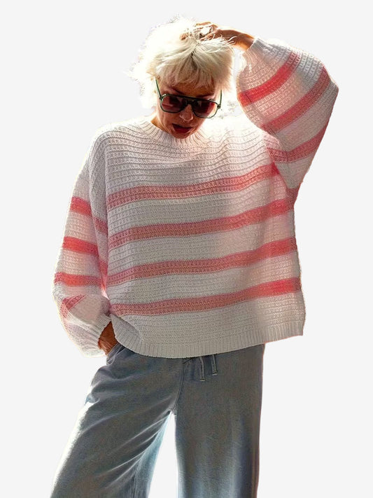 Damski Sweter w Paski z Okrągłym Dekoltem